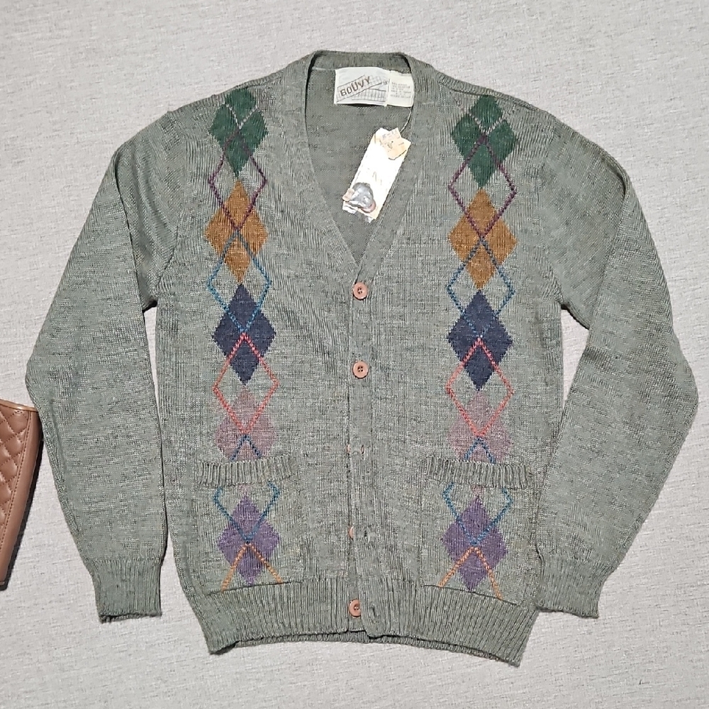 Vintage Bouvy Multicolor Argyle Cardigan Sweater